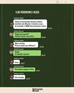Arte mostra diálogo entre Fabiano Zettel e Daniel Vorcaro em 5 de fevereiro de 2025. Na conversa, Vorcaro sugere a Zettel enviar recursos "via entre", após Zettel relatar dificuldades com o departamento de câmbio do banco Master