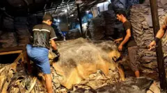 লবণ দিয়ে কাঁচা চামড়া সংরক্ষণ করছেন শ্রমিকরা।