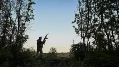 Военный с винтовкой смотрит в поле на опушке леса в сумерках.