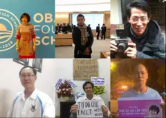 Sáu nhà hoạt động và blogger đang bị giam giữ vì thực thi các quyền cơ bản của mình. Từ trái qua: Hoàng Thị Minh Hồng, Bùi Tuấn Lâm, Nguyễn Lân Thắng. Hàng dưới: Đặng Đăng Phước, Trần Văn Bang, Trương Văn Dũng.