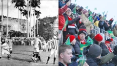 Montagem de duas fotos. Na direita, primeiro jogo da seleção brasileira, em 1914. À esquerda, torcedores do Exeter City agitam bandeiras do Brasil.