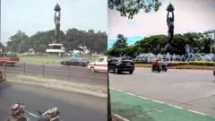 Suasana sekitar Patung Pemuda Membangun, di Senayan, Jakarta. Sebelah kiri merupakan potret pada 1984, sebelah kanan pada 2025.