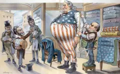 Charge publicada na imprensa que mostra um alfaiate tomando as medidas de um homem alto e gordo, vestido com as cores da bandeira americana. Outros três homens entram na loja com grandes frascos, onde se lê "política antiexpansionista".