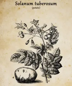 Ilustração vintage da planta da batata, com flores e frutos