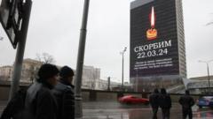 「私たちは嘆いている」と書かれた映像がモスクワ市内の各地に表示されている