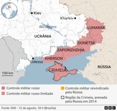 Mapa das partes da Ucrânia ocupadas pela Rússia