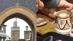 Aworan ẹnu iloro ilu ati eeyan kan to n tẹ ounjẹ silẹ lori tabili.