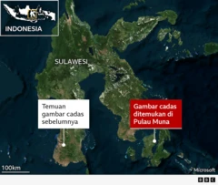 Peta Sulawesi yang menunjukkan lokasi penemuan gambar cadas.