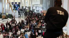 Longas filas de pessoas em um aeroporto, observadas por um fiscal da TSA de costas para a câmera