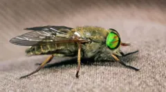 Close de uma mutuca com grandes olhos verdes com listras vermelhas, pousada sobre uma superfície marrom texturizada. Os detalhes finos das asas, dos pelos do corpo e das pernas são claramente visíveis.