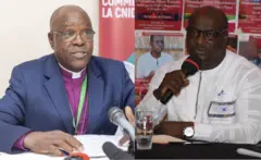 Ifoto zibangabanganwa za Musenyeri Martin Blaise Nyabooho i bubamfu mw'ikoti ya kostime hejuru y'ishati y'abapasitori y'ibara rya move ariko aravugira kuri micro yambaye amarori na Gaetan Zongo yambaye ishati yera y'amaboko maremare afatiye micro ku munwa n'ukuboko kumwe ukundi kuriko isaha kuri ku meza yambaye amarori inyuma yiwe hari ivyaba biriko inyandiko n'amafoto higanjemwo ibara ritukura