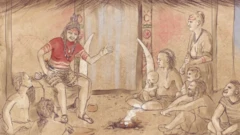 ภาพจากจินตนาการของศิลปิน แสดงให้เห็นสังคมยุคทองแดงที่มีสตรีเป็นประมุข