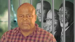 Колаж - чоловік на передньому плані, на задньому - троє чоловіків за ґратами