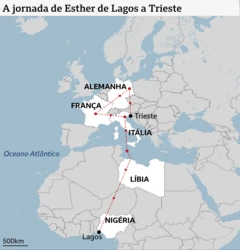 Mapa mostra a jornada de Esther da Nigéria à Líbia, Itália, França, Alemanha e retorno à Itália