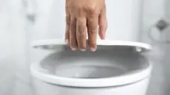 হাত দিয়ে সাদা রংয়ের একটি টয়লেটের সিট ধরে আছেন কেউ