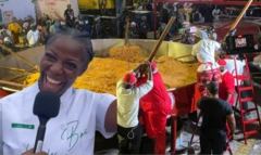 Hilda Baci smiling and her big pot of Nigerian jollof rice