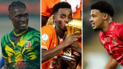 Split image of Yves Bissouma wey dey play for Mali, Simon Adingra dey kiss di Africa Cup of Nations trophy and Ronwen Williams in action for South Africa
