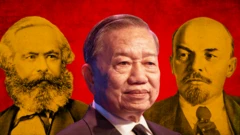 Hình thiết kế: ông Tô Lâm (giữa), phía sau là 2 ông Karl Marx và Lenin 
