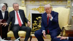 Erdoğan ve Trump, Beyaz Saray'da sarı renkli koltuklarda, takım elbiseleriyle oturmuş. Erdoğan, arkasındaki tercümanın söylediklerini dinlerken Trump ise parmağını kameraya doğru uzatmış, basını işaret ediyor