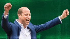 A designed image of Prince William cheering with his arms up over a green background.