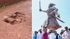 11 मे रोजी नवीन पुतळ्याचं पूजन झालं त्यावेळी देवेंद्र फडणवीस, एकनाथ शिंदे यांच्यासह इतर नेते (उजवीकडे), डावीकडे पुतळ्याच्या परिसरातील जमीन खचलेला भाग.