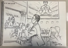 Sanatçı Tarık Tolunay'ın Silivri'deki duruşma salonundan yaptığı çizim