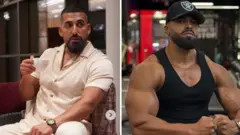 Di late Sina Ghami wear short sleeve two-piece cloth wey resemble light pink e hold tea cup for hand as e sitdown for chair dey look sideways into di camera. Kevin Ayodele wear balck sibglet with black face cap wey get logo wey no too clear. E pose as e sit for chair dey display im muscles.