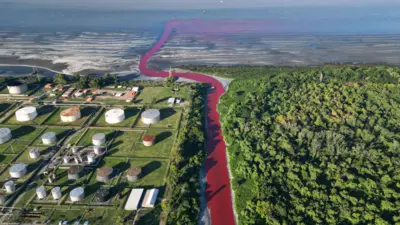 Argentina estuary shows red canal, with industrial works on the left and trees on the right