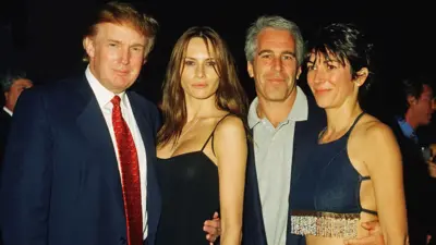 A photo from February 2000 at the Mar-a-Lago club, Palm Beach, Florida, shows Donald Trump in a suit, and his girlfriend (and future wife), former model Melania Knauss in a black dress, with Jeffrey Epstein in a shirt and blazer and Ghislaine Maxwell in a beaded crop top.