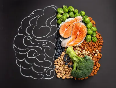 Desenho de cérebro coberto por alimentos saudáveis, como salmão, brócolis, mirtilos e nozes