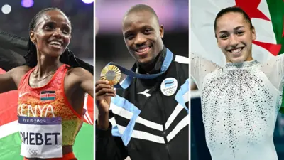 Béatrice Chebet, Letsile Tebogo et Kaylia Nemour célèbrent la victoire olympique, Tebogo brandissant sa médaille d'or et les femmes brandissant des drapeaux