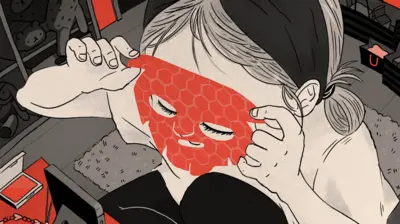 Ilustração mostra uma menina aplicando uma máscara facial vermelha em frente ao celular. Ela está cercada por sacolas de compras, recibos e frascos de cosméticos.