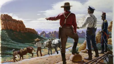 Ilustración de época que muestra a tres hombres con botas en un promontorio. Uno sujeta unos planos. El de la derecha viste uniforme militar y porta un sable. El de la izquierda apunta con el dedo a la depresión en la que dos hombres tiran de dos caballos. 