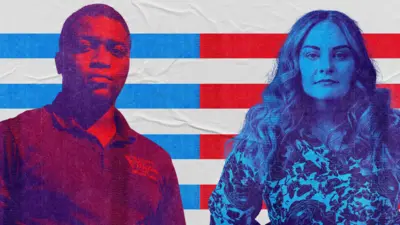 Designed image of two voters on a blue and red striped background