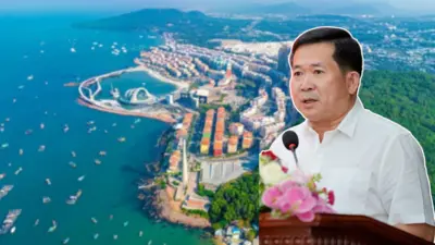 Ảnh thiết kế: Chân dung ông Đinh Văn Nơi, phía sau là quang cảnh Phú Quốc nhìn từ trên cao