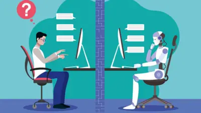 Uma ilustração mostra uma pessoa e um robô sentados um de frente para o outro, separados por uma parede azul. Ambos estão usando computadores, com balões de fala sugerindo que estão conversando. Acima da pessoa, há um balão de pensamento com um ponto de interrogação.