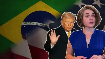 Imagembônus para estrela betjornalista da BBC, Donald Trump e bandeiras do Brasil e EUA atrás