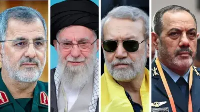 (Uhereye ibumoso ugana iburyo) Umugaba Mukuru w'Ingabo zirinda impinduramatwara za Kiyisilamu Mohammad Pakpour, Umuyobozi w'Ikirenga wa Irani Ayatollah Ali Khamenei, Umunyamabanga Mukuru w'Inama Nkuru y'Umutekano w'Igihugu ya Irani Ali Larijani, na Minisitiri w'Ingabo Aziz Nasrzadeh