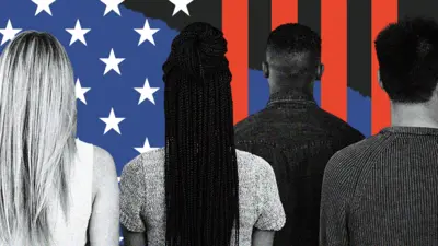 The backs of four people, appearing in front of elements of a US flag