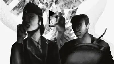 Черно-белый рисунок: женщина-полицейский и мужчина-таксист на фоне банкнот