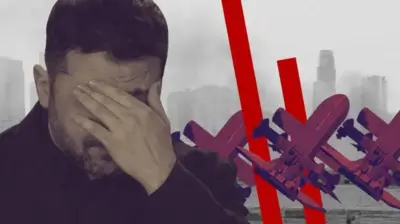 تصویرسازی، زلنسکی دستش را روی پیشانی گذاشته، در کنار او چند سلاح و پسزمینه ساختمان‌ها دیده می‌شود