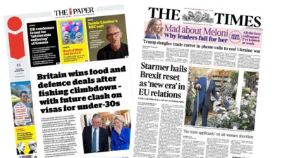 A composite image of the front pages of the Times and the i Paper on 20 May 2025
