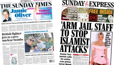 The morning papers show the front page of the Sunday Times shows a picture of Jamie Oliver as a child, with the headline: Jamie Oliver on his lifelong struggled with dyslexia. Below, a headline reads: British fighter jets to carry nuclear bombs and The front page of the Daily Express shows a picture of Billie Piper dressed in a pink dress with the headline: Look who's back... and this time is Billie the doctor? Beside, a headline reads: 'Arm jail staff to stop Islamist attacks'. Below, the accompanying headline reads: Senior Tory Jenrick calls for action over prison terror threat.