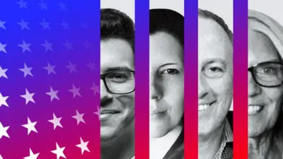 アメリカ国旗と取材に応じた4人の顔のコラージュ画像