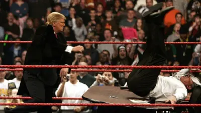 Donald Trump wrestles with Vince McMahon during a WWE appearance in 2007