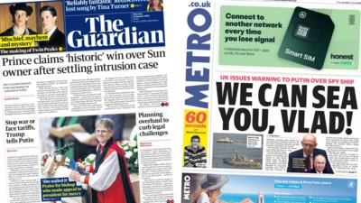 The headline in The Guardian reads: Prince claims 'historic win' over Sun owner after settling intrusion case and the headline in the Metro reads: We can sea you, Vlad