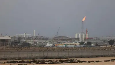 灰色の空を背にしたエネルギー施設で、高いフレアスタックの煙突から炎が出ている。巨大な施設の手前に柵と、砂地が広がる