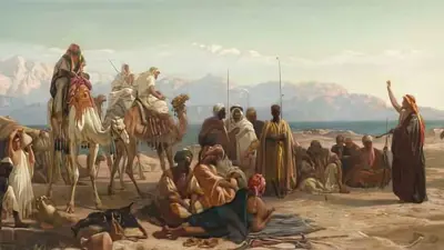 شيخ عربي يُخاطب قبيلته عند تفريق مخيمهم في "بئر موسى" (عيون موسى) على البحر الأحمر في شبه جزيرة سيناء في مصر