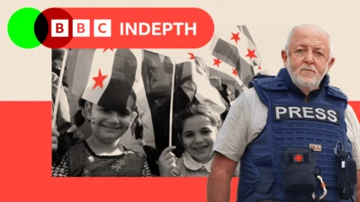 A treated image showing young children holding flags, an image of Jeremy Bowen is to the side