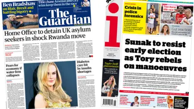 The headline in the Guardian reads, "Home Office to detain UK asylum seekers in shock Rwanda move", while the headline in the i reads, "Sunak to resist early election as Tory rebels on manoeuvres".
